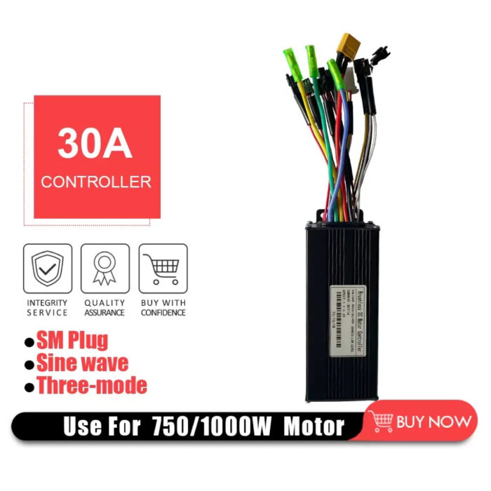 24V/36V/48V 30A Sine Wave Brushless E-Bike Controller – 750W/1000W Compatible With Waterproof Connectors & Compact Aluminum Housing